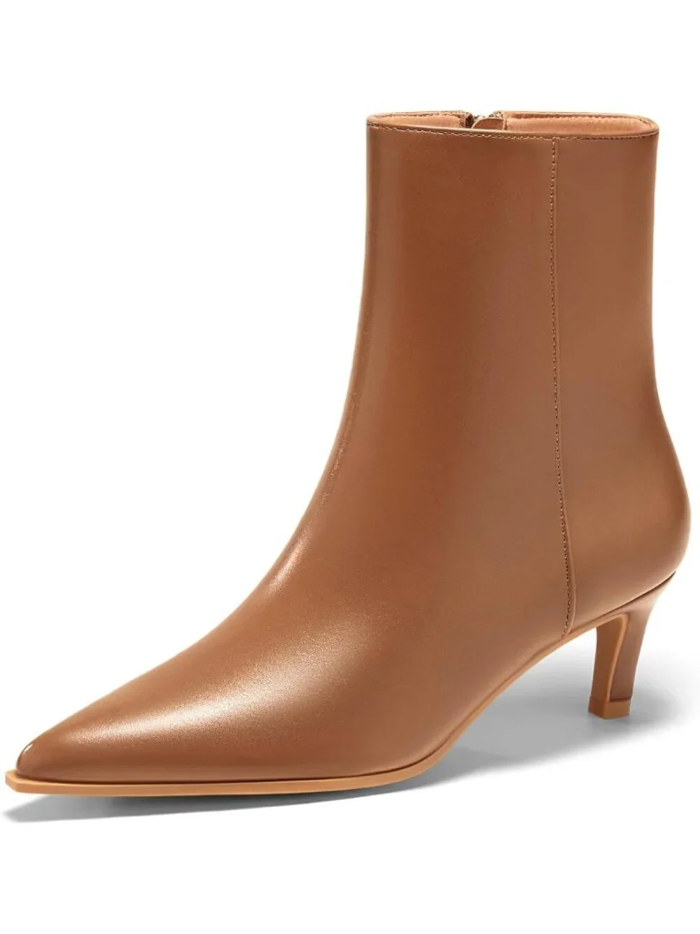 Women Light Brown Pu Kitten Heel Faux Leather Pointed Toe Side Zipper Ankle Boot